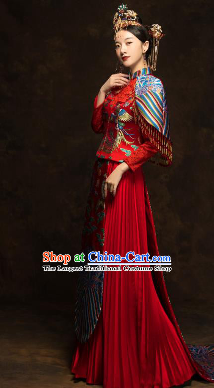 China Wedding Red Toast Dress Classical Phoenix Painting Xiuhe Suits Traditional Bride Costumes