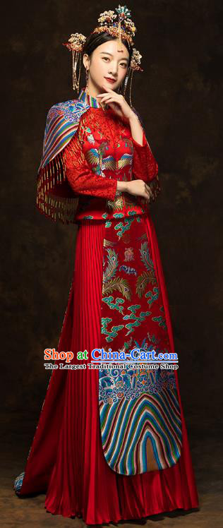 China Wedding Red Toast Dress Classical Phoenix Painting Xiuhe Suits Traditional Bride Costumes