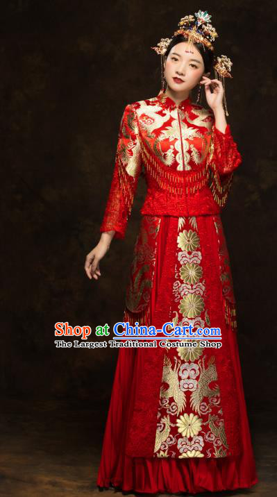 China Traditional Bride Costumes Wedding Red Toast Dress Classical Tassel Xiuhe Suits