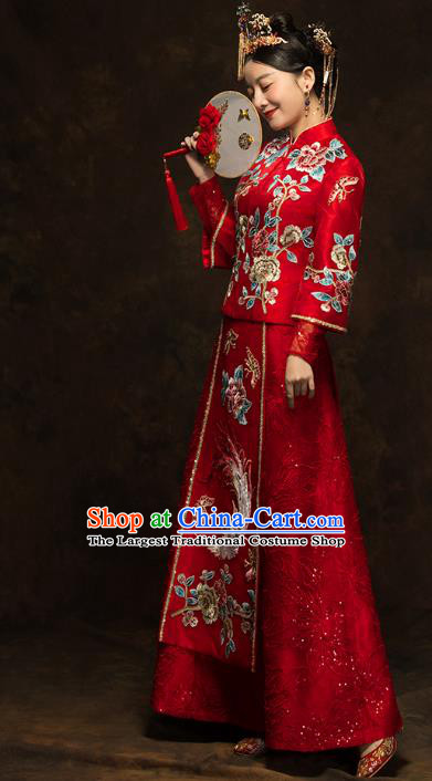 China Classical Embroidered Phoenix Peony Xiuhe Suits Traditional Bride Costumes Wedding Red Toast Dress