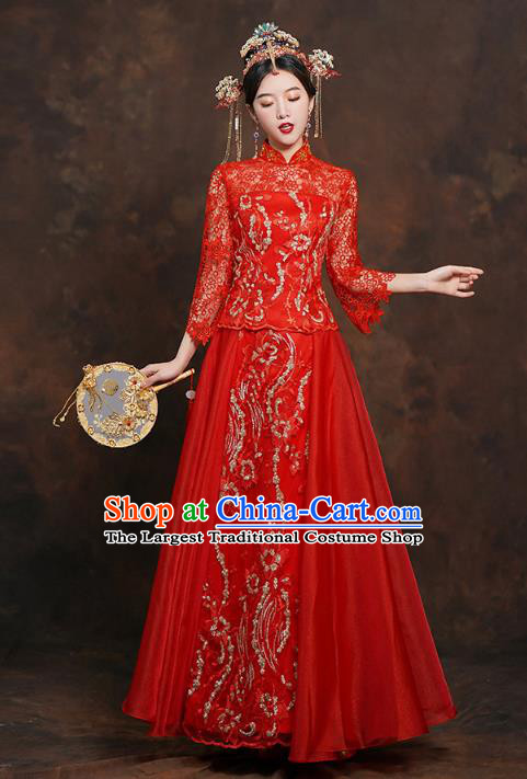 China Classical Bride Costumes Toast Dress Traditional Wedding Red Lace Xiuhe Suits