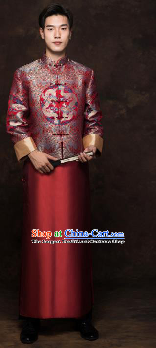 Chinese Tang Suit Embroidered Dragon Red Mandarin Jacket and Long Robe Traditional Wedding Bridegroom Costumes