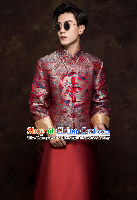 Chinese Tang Suit Embroidered Dragon Red Mandarin Jacket and Long Robe Traditional Wedding Bridegroom Costumes
