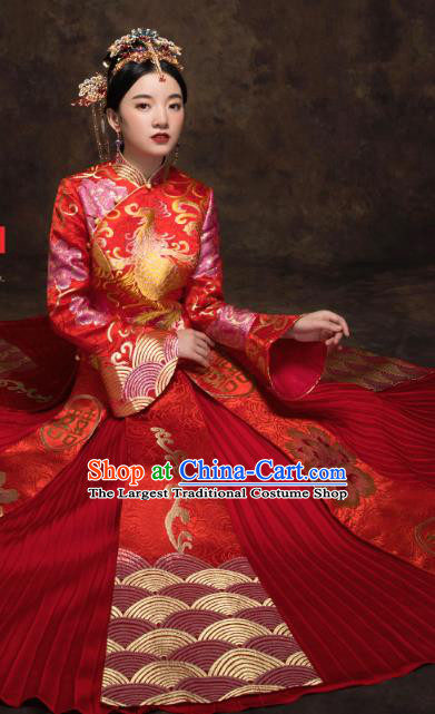 China Traditional Bride Xiuhe Suit Costumes Wedding Toast Dress Classical Embroidered Phoenix Red Blouse and Skirt