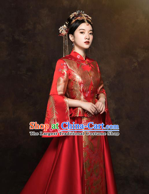 China Wedding Toast Dress Classical Embroidered Phoenix Red Blouse and Skirt Traditional Bride Xiuhe Suit Costumes