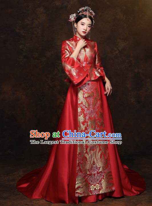 China Wedding Toast Dress Classical Embroidered Phoenix Red Blouse and Skirt Traditional Bride Xiuhe Suit Costumes