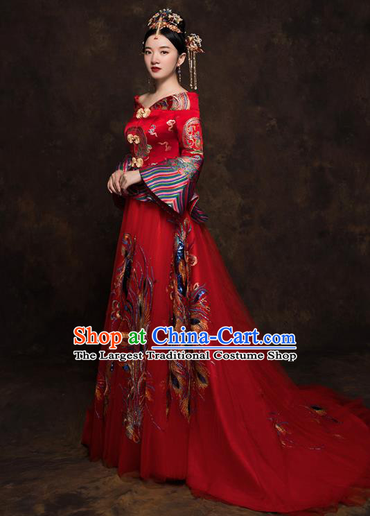 China Classical Embroidered Blouse and Skirt Traditional Bride Xiuhe Suit Costumes Wedding Toast Trailing Dress