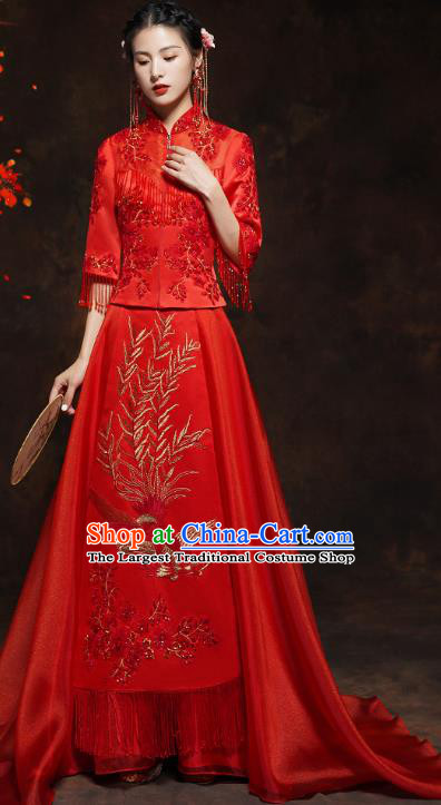 China Traditional Bride Xiuhe Suit Costumes Wedding Toast Trailing Dress Classical Embroidered Blouse and Skirt