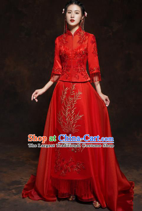 China Traditional Bride Xiuhe Suit Costumes Wedding Toast Trailing Dress Classical Embroidered Blouse and Skirt