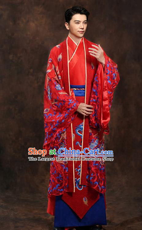Chinese Traditional Han Dynasty Wedding Costumes Ancient Scholar Bridegroom Red Clothing