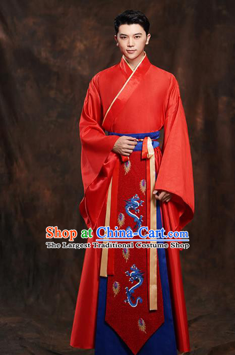 Chinese Traditional Han Dynasty Wedding Costumes Ancient Scholar Bridegroom Red Clothing