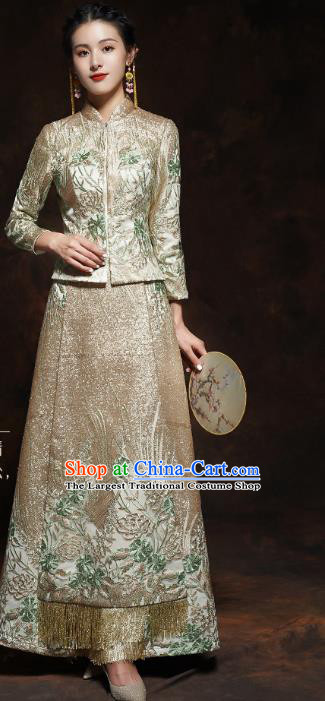 China Classical Wedding Bride Toast Dress Embroidered Golden Blouse and Skirt Traditional Xiuhe Suit Costumes