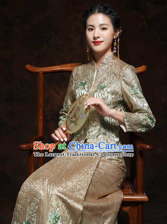 China Classical Wedding Bride Toast Dress Embroidered Golden Blouse and Skirt Traditional Xiuhe Suit Costumes