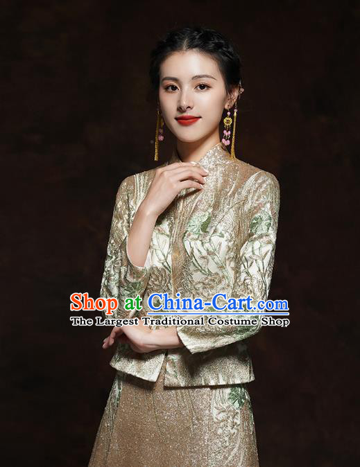 China Classical Wedding Bride Toast Dress Embroidered Golden Blouse and Skirt Traditional Xiuhe Suit Costumes