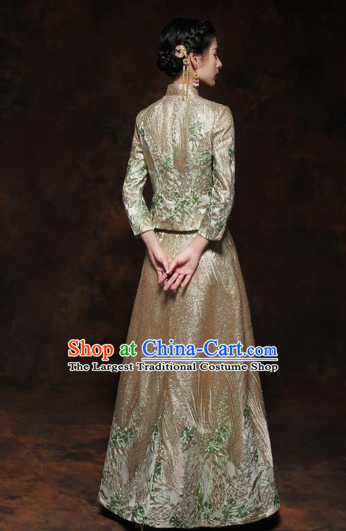 China Classical Wedding Bride Toast Dress Embroidered Golden Blouse and Skirt Traditional Xiuhe Suit Costumes