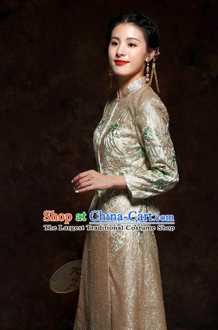 China Classical Wedding Bride Toast Dress Embroidered Golden Blouse and Skirt Traditional Xiuhe Suit Costumes