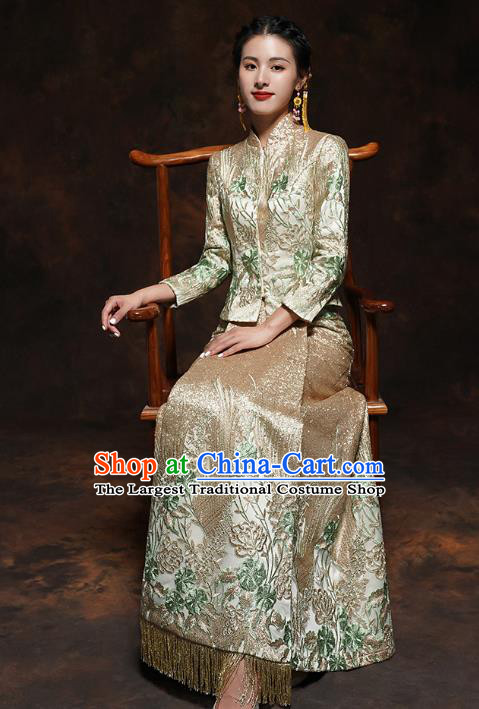 China Classical Wedding Bride Toast Dress Embroidered Golden Blouse and Skirt Traditional Xiuhe Suit Costumes