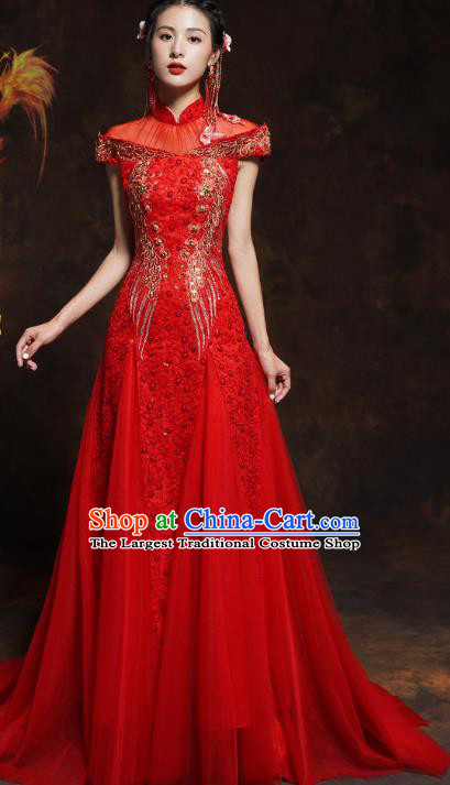 Chinese Classical Embroidered Red Toast Dress Traditional Wedding Bride Cheongsam Clothing