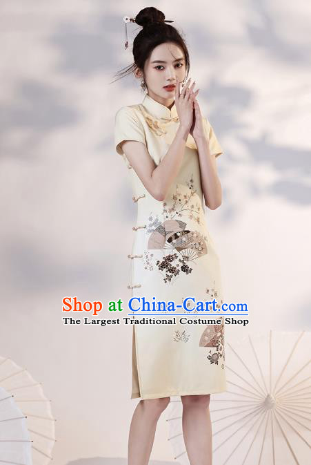 Chinese Young Lady Light Yellow Short Cheongsam Clothing Modern Dance Printing Plum Fan Qipao Dress