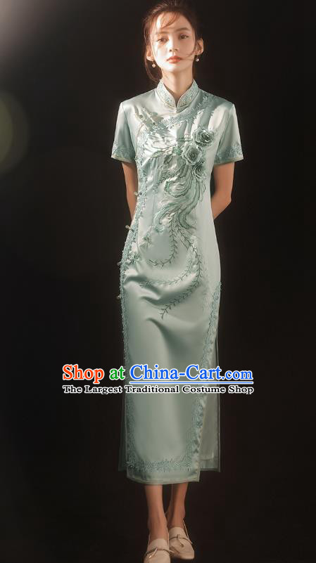 China Traditional Embroidered Qipao Dress National Stage Performance Light Green Cheongsam