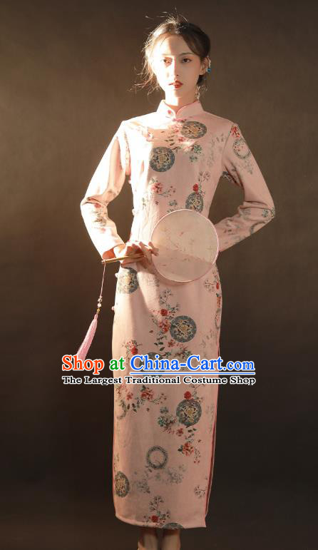 China Traditional Stage Performance Qipao Dress National Classical Dance Pink Suede Fabric Cheongsam