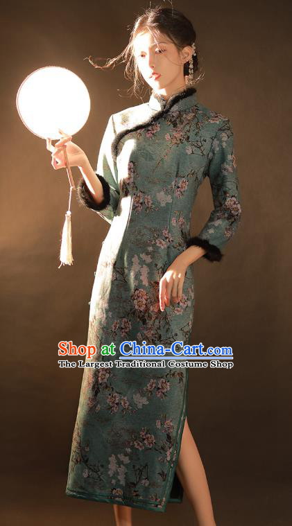 China Traditional Printing Green Woolen Qipao Dress National Winter Classical Dance Cheongsam