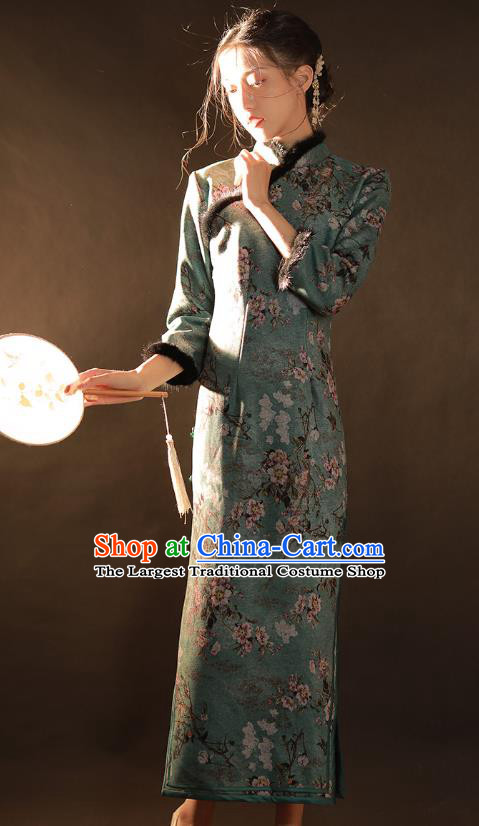 China Traditional Printing Green Woolen Qipao Dress National Winter Classical Dance Cheongsam