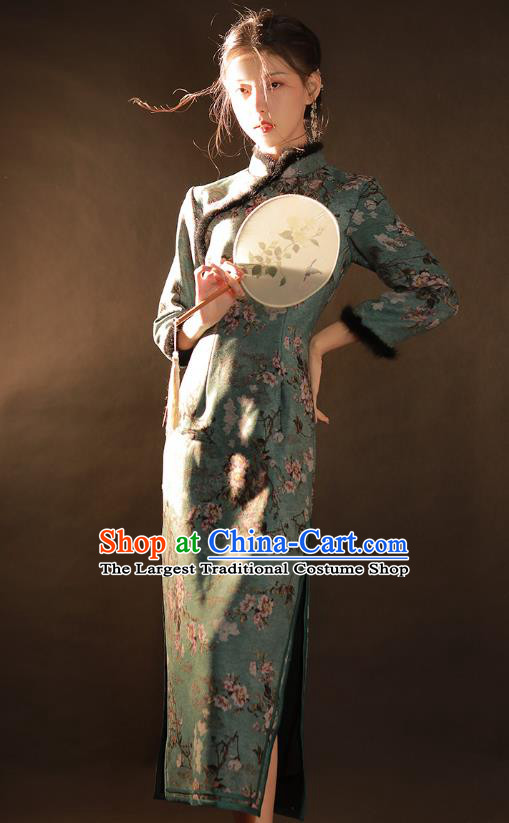 China Traditional Printing Green Woolen Qipao Dress National Winter Classical Dance Cheongsam