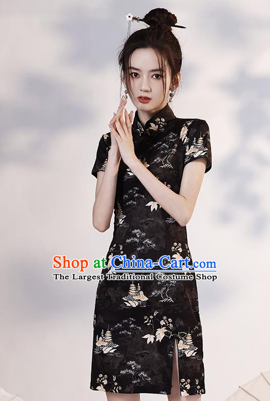 Chinese Printing Black Short Cheongsam Clothing Modern Dance Young Lady Qipao Dress