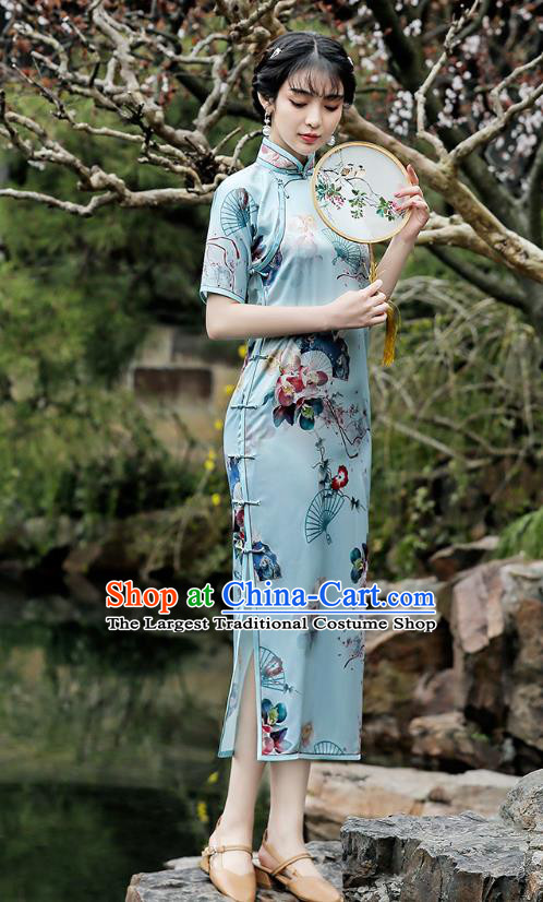 Republic of China Traditional Printing Blue Qipao Dress National Young Lady Stand Collar Cheongsam