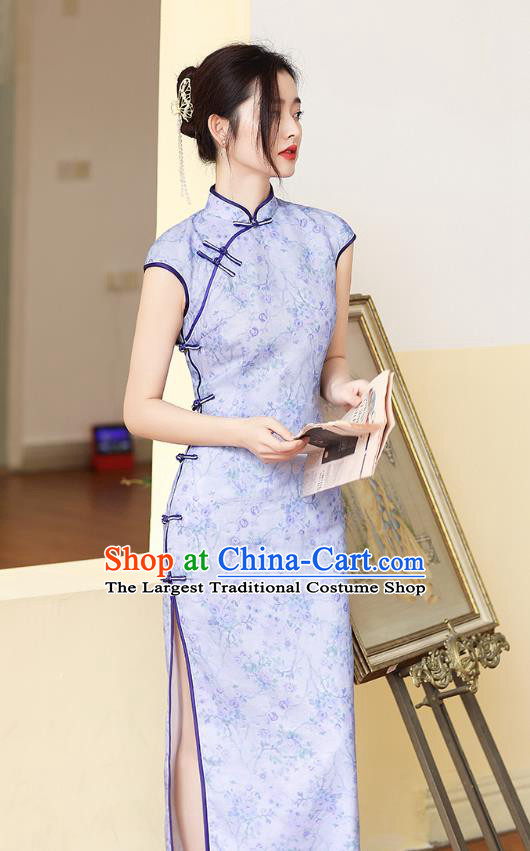 Republic of China National Lilac Ramine Cheongsam Traditional Young Lady Sleeveless Qipao Dress