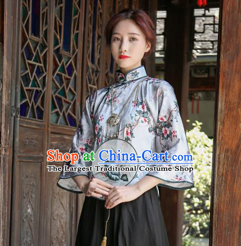 Chinese National Printing Flowers Light Blue Silk Qipao Shirt Tang Suit Upper Outer Garment Clothing
