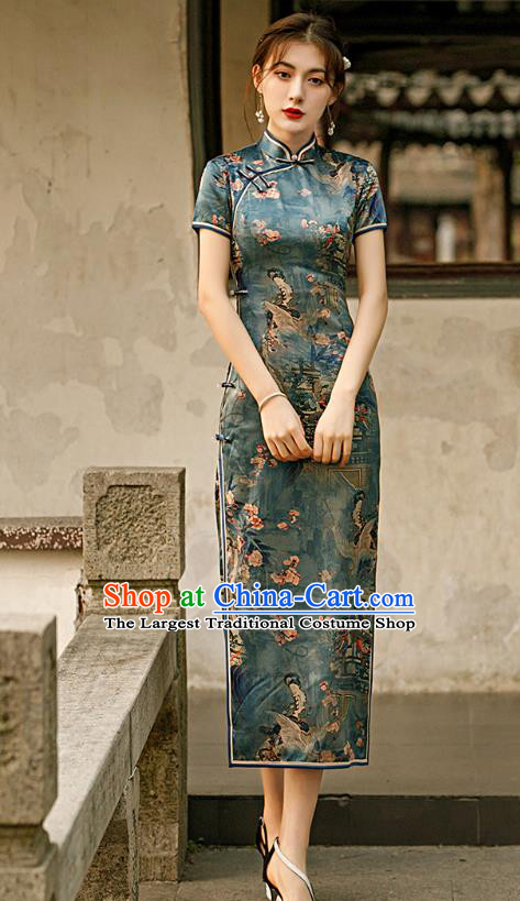 Republic of China Traditional Printing Deep Green Qipao Dress National Woman Mother Cheongsam