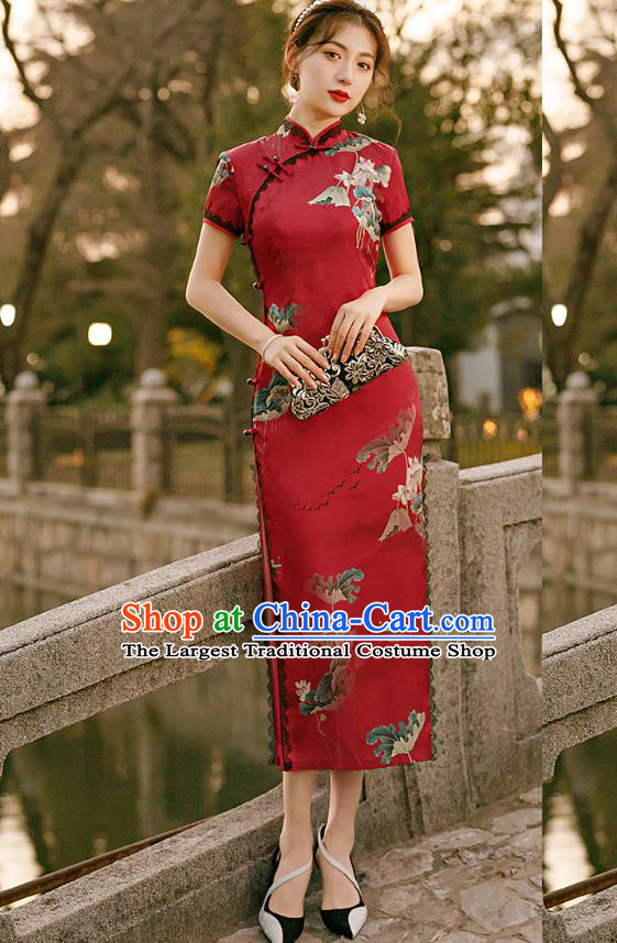 Republic of China National Short Sleeve Cheongsam Traditional Young Lady Printing Lotus Red Qipao Dress