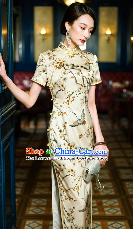 China Classical Crane Pattern Cheongsam Traditional Shanghai Young Concubine Beige Silk Qipao Dress
