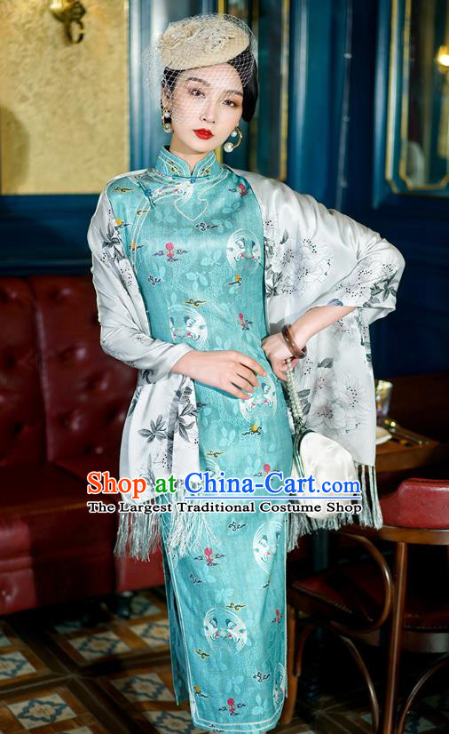 China Classical Stand Collar Cheongsam Traditional Minguo Shanghai Young Lady Printing Green Qipao Dress