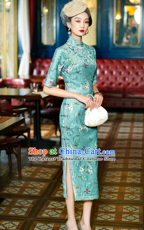 China Classical Stand Collar Cheongsam Traditional Minguo Shanghai Young Lady Printing Green Qipao Dress