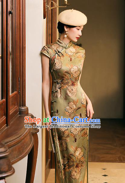 China Classical Shanghai Young Lady Cheongsam Traditional Minguo Printing Olive Green Silk Qipao Dress
