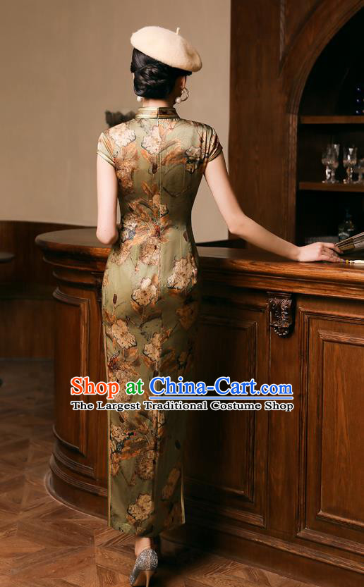 China Classical Shanghai Young Lady Cheongsam Traditional Minguo Printing Olive Green Silk Qipao Dress