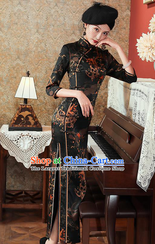 China Classical Shanghai Rich Concubine Cheongsam Traditional Minguo Young Woman Black Silk Qipao Dress