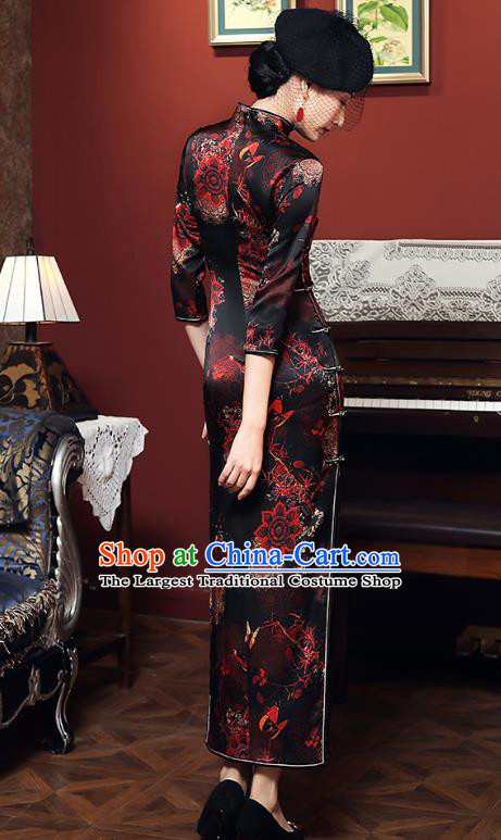China Traditional Minguo Young Woman Black Silk Qipao Dress Classical Shanghai Cheongsam