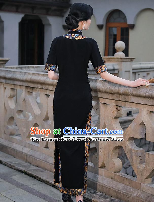 China Classical Shanghai Beauty Cheongsam Traditional Minguo Black Silk Slant Opening Qipao Dress