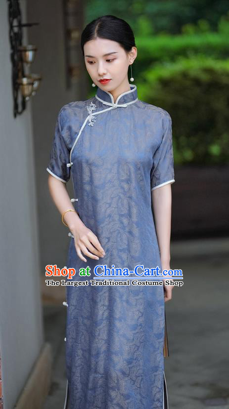 Republic of China Classical Shanghai Beauty Qipao Dress Traditional Minguo Blue Silk Cheongsam