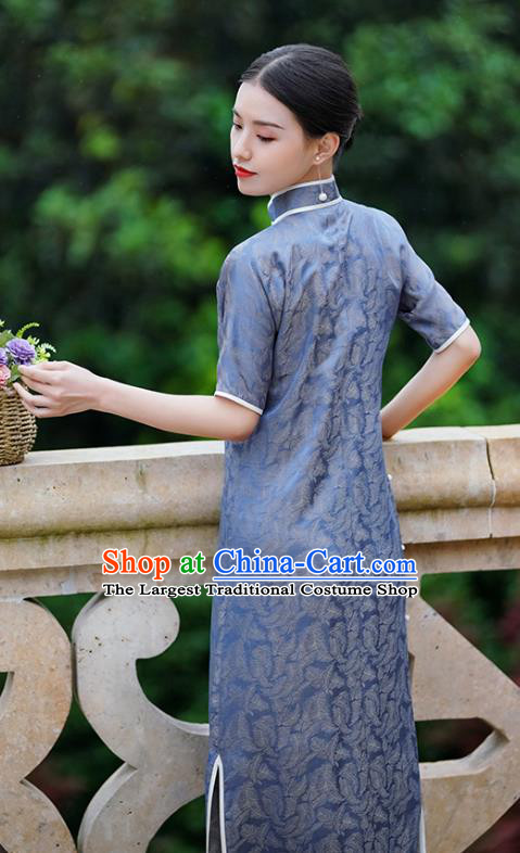 Republic of China Classical Shanghai Beauty Qipao Dress Traditional Minguo Blue Silk Cheongsam