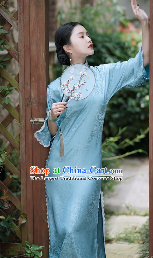 Republic of China Classical Mandarin Sleeve Blue Silk Qipao Dress Traditional Minguo Young Lady Cheongsam