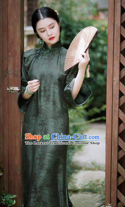 Republic of China Classical Atrovirens Silk Qipao Dress Traditional Minguo Young Lady Mandarin Sleeve Cheongsam
