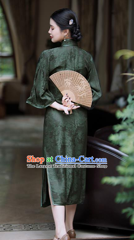 Republic of China Classical Atrovirens Silk Qipao Dress Traditional Minguo Young Lady Mandarin Sleeve Cheongsam