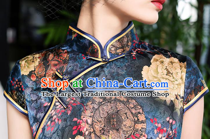 China Classical Printing Peony Navy Silk Cheongsam Traditional Minguo Shanghai Stand Collar Qipao Dress