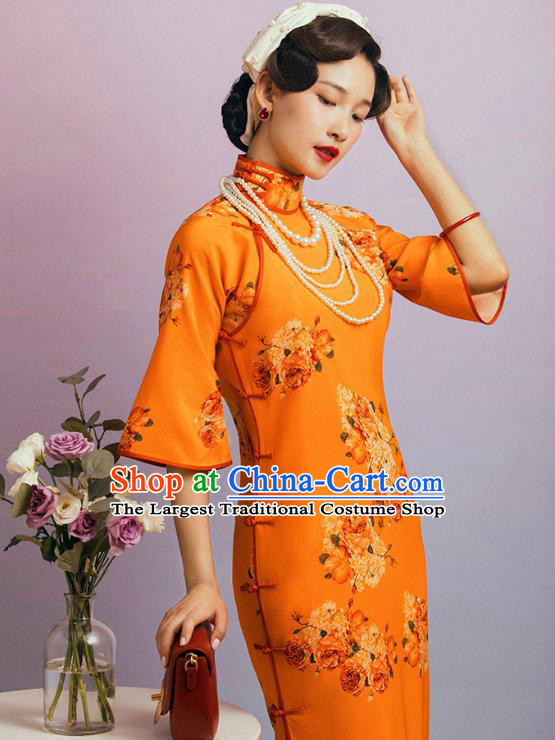 China Classical Wide Sleeve Cheongsam Traditional Minguo Shanghai Printing Flowers Orange Qipao Dress