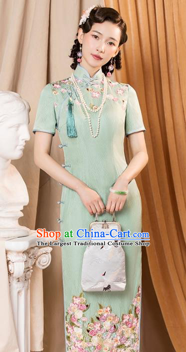 China Classical Shanghai Cheongsam Traditional Minguo Printing Flowers Light Green Qipao Dress